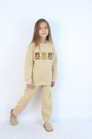 Kız Çocuk 3'lü Ayıcık Nakışlı 3 İplik Oversize Şardonlu Takım
