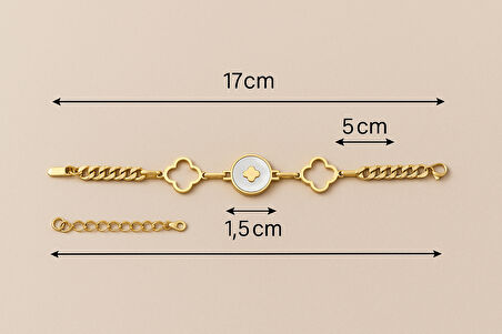 Kadın Altın Renk Dört Yaprak Figürlü Sedef Detaylı Bileklik – Ayarlanabilir Zincirli