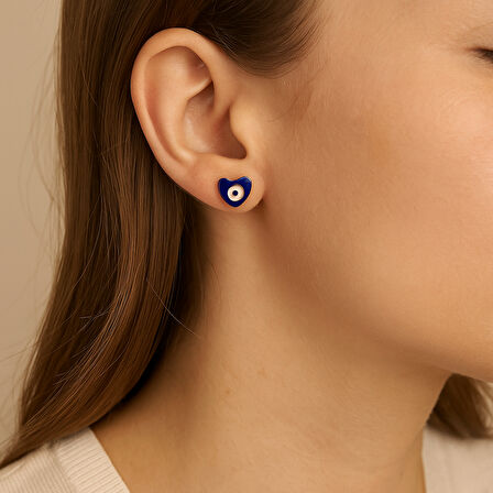 Kadın Kalp Formlu Nazar Desenli Mavi Küpe – 1 cm Çivi Model