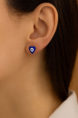 Kadın Kalp Formlu Nazar Desenli Mavi Küpe – 1 cm Çivi Model