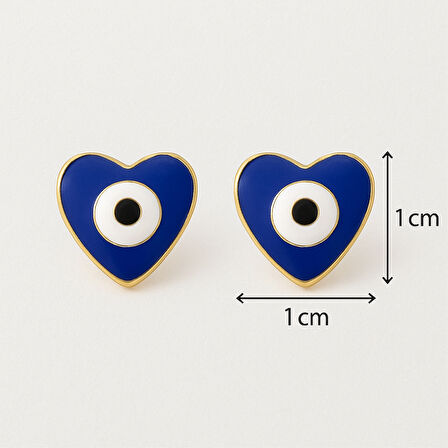 Kadın Kalp Formlu Nazar Desenli Mavi Küpe – 1 cm Çivi Model