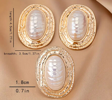 Beyaz Mine Taşlı Gold Renkli  Oval Takı Seti – Küpe & Yüzük Kombini