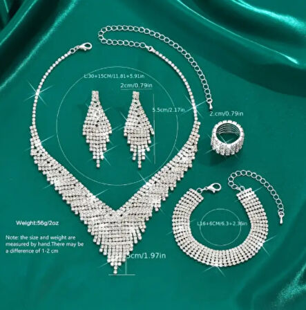 Işıltılı Gösterişli Gelin Düğün & Davet Takı Seti (Kolye, Küpe, Bileklik, Yüzük)