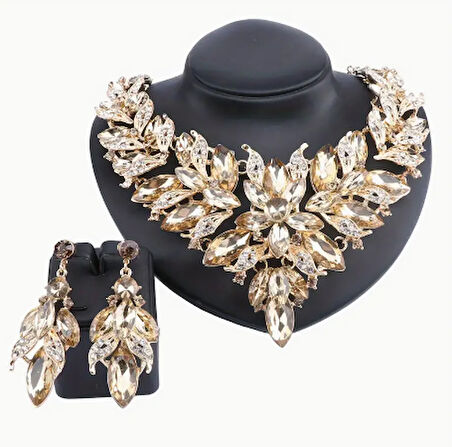 Gold Sarı-Beyaz Taş Süslemeli Gösterişli Gelin Düğünlük Kolye Küpe Takı Seti