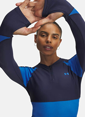 Under Armour 6003981-403-UA HG Rib 1/4 Zip Mavi Fermuarlı Yaka Crop Parçalı Kadın T-Shirt