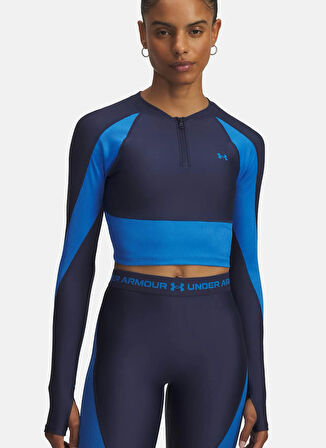 Under Armour 6003981-403-UA HG Rib 1/4 Zip Mavi Fermuarlı Yaka Crop Parçalı Kadın T-Shirt
