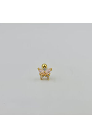 Cerrahi Çelik Pembe Taşlı Kelebek Küpe Tragus Helix Kıkırdak Piercing