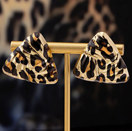 Leopar Desenli Vintage Üçgen Twist Model Kadın Küpe