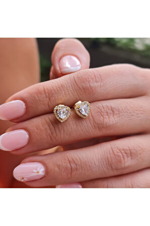 Gold Parlak Zirkon Taşlı Kalp Kesim Şık Küpe