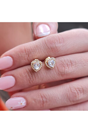 Gold Parlak Zirkon Taşlı Kalp Kesim Şık Küpe