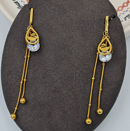 Gold Renk Zirkon Taşlı Kuğu Detaylı  Uzun Çelik Küpe – 7,8 cm, Kararmaz, Suya Dayanıklı