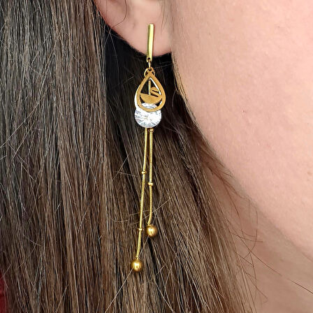 Gold Renk Zirkon Taşlı Kuğu Detaylı  Uzun Çelik Küpe – 7,8 cm, Kararmaz, Suya Dayanıklı