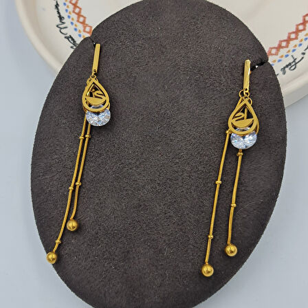 Gold Renk Zirkon Taşlı Kuğu Detaylı  Uzun Çelik Küpe – 7,8 cm, Kararmaz, Suya Dayanıklı