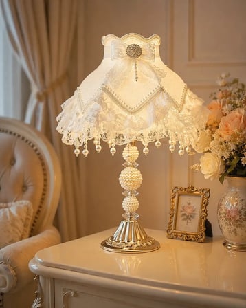 Beyaz Kadife Çiçek Süslemeli Dantelli Başlık İncili Gold Ayaklı Klasik Model Abajur 55x25cm