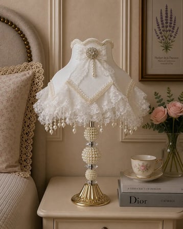Beyaz Kadife Çiçek Süslemeli Dantelli Başlık İncili Gold Ayaklı Klasik Model Abajur 55x25cm