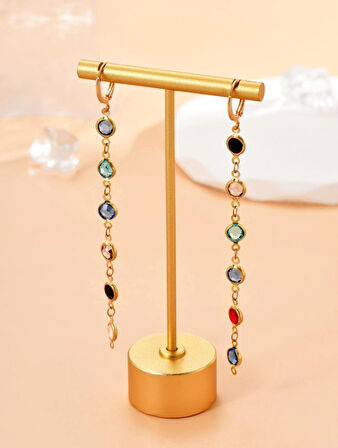 Gold Sallantılı Renkli Taşlı Şık Kadın Küpe