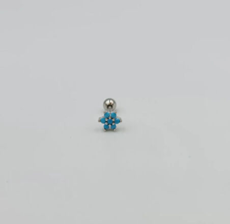 Gümüş Mavi Taşlı Çiçekli Piercing Küpe Tragus