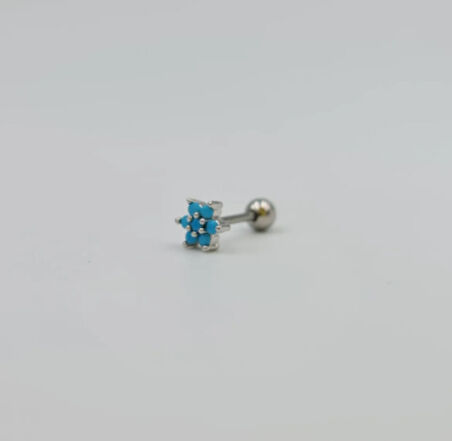 Gümüş Mavi Taşlı Çiçekli Piercing Küpe Tragus