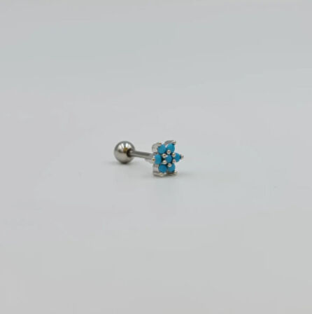 Gümüş Mavi Taşlı Çiçekli Piercing Küpe Tragus