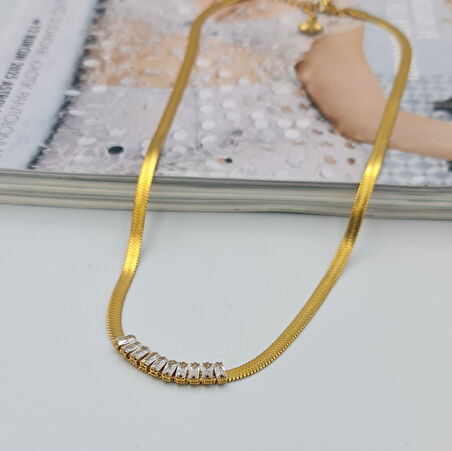 Gold Zirkon Taşlı İtalyan Model Zincir Kolye