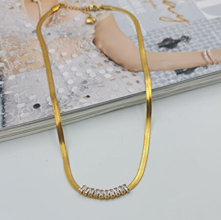 Gold Zirkon Taşlı İtalyan Model Zincir Kolye