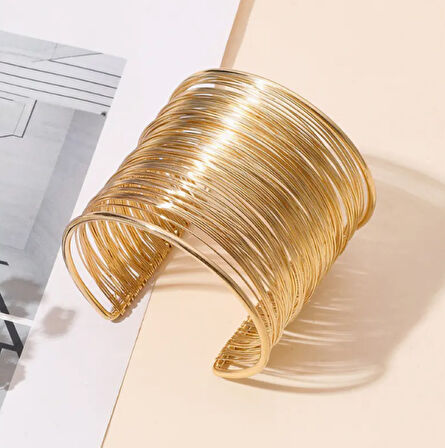 Gold Geniş Model Özel Tel Tasarım Kadın Bileklik