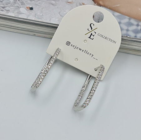 Gümüş Beyaz Zirkon Taşlı J Model Halka Küpe