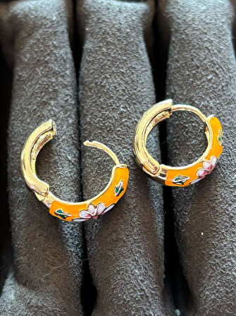 Gold Turuncu Çiçekli Mineli Yazlık Şık Kadın Halka Küpe 1,5 cm