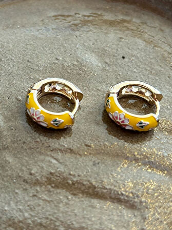 Gold Sarı Çiçekli Mineli Yazlık Şık Kadın Halka Küpe 1,4 cm