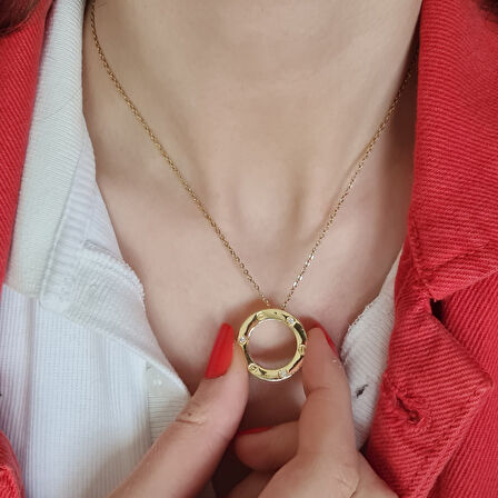 Gold Renk Çift Taraflı Kullanım Zirkon Taş Detaylı Çelik Kolye – LOVE Yazılı, 40+5 cm