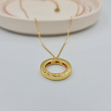 Gold Renk Çift Taraflı Kullanım Zirkon Taş Detaylı Çelik Kolye – LOVE Yazılı, 40+5 cm