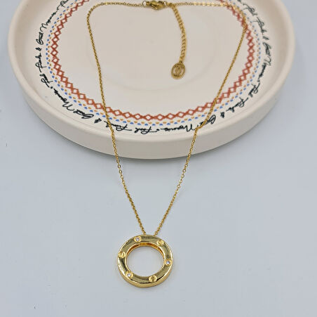 Gold Renk Çift Taraflı Kullanım Zirkon Taş Detaylı Çelik Kolye – LOVE Yazılı, 40+5 cm