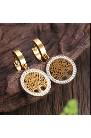 Gold Hayat Ağacı Model Kadın Halka Küpe