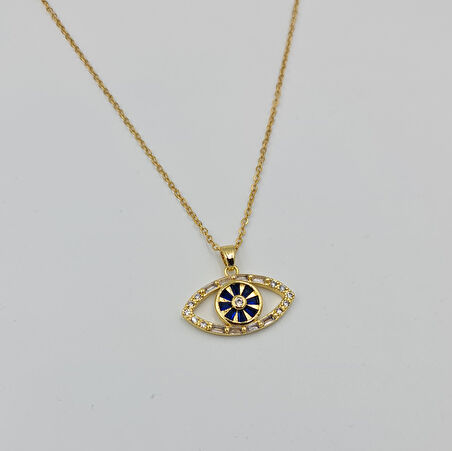 Gold Nazar Göz Figürlü Taşlı Çelik Kolye – Kararmaz, Ayarlanabilir, 40+5 cm (1 mm Zincir)