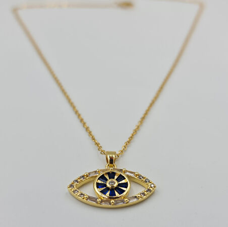 Gold Nazar Göz Figürlü Taşlı Çelik Kolye – Kararmaz, Ayarlanabilir, 40+5 cm (1 mm Zincir)