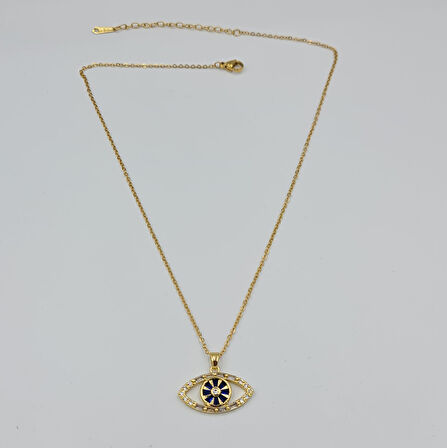 Gold Nazar Göz Figürlü Taşlı Çelik Kolye – Kararmaz, Ayarlanabilir, 40+5 cm (1 mm Zincir)