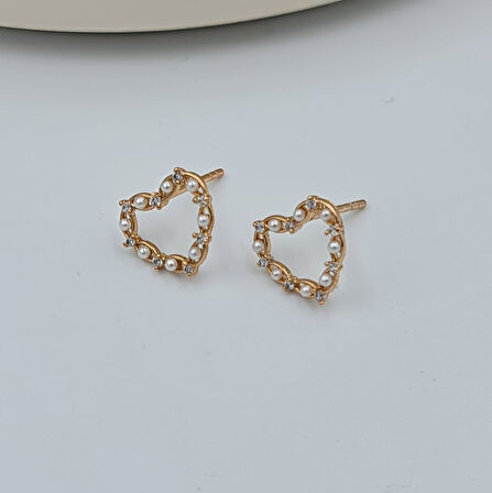 İnci ve Zirkon Taş Detaylı Kalp Küpe – Rose Gold, Xuping, Kararmaz, Suya Dayanıklı, 1 cm