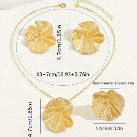 Kadın Gold Yaprak Formlu Büyük Takı Seti – Kolye, Küpe ve Yüzük 3’lü Set