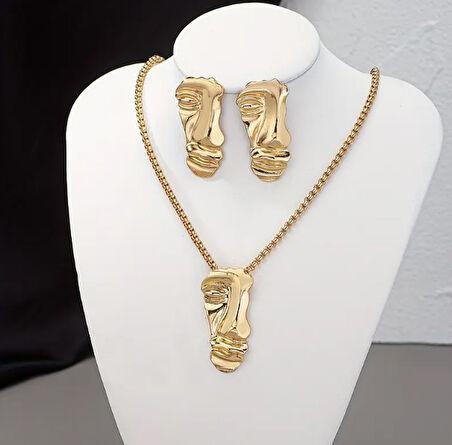 Gold İnsan Yüzü Figürlü Kadın Kolye Küpe Takı Seti