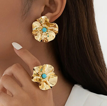 Gold Modern Mavi Boncuk Detaylı Trend Büyük Çiçek Küpe Yüzük Set Şık Kadın Takı Seti