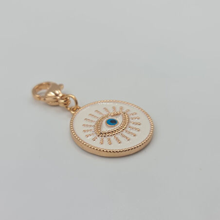 Rose Renk Göz Charm Kolye Ucu – Beyaz Mineli Nazar Boncuklu, Xuping, Çok Amaçlı Kullanım (3 cm)