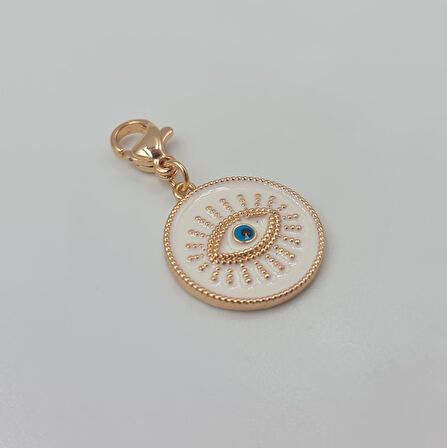 Rose Renk Göz Charm Kolye Ucu – Beyaz Mineli Nazar Boncuklu, Xuping, Çok Amaçlı Kullanım (3 cm)