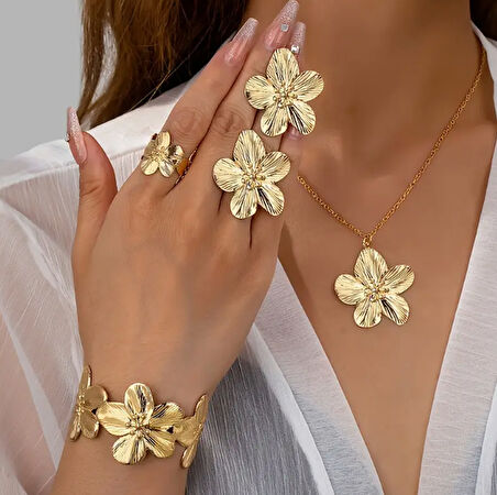 Gold Çiçek Objeli Kolye Küpe Kelepçe Yüzük Kadın Set Çoklu Set