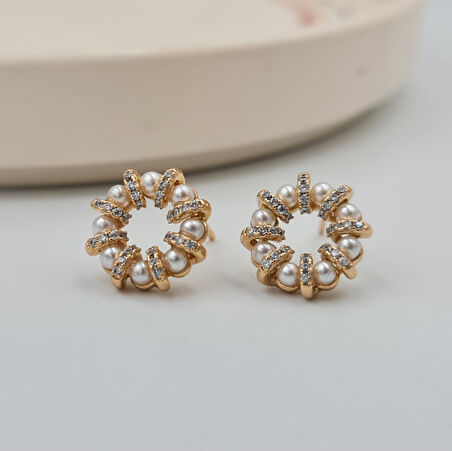 İnci ve Zirkon Taşlı Dairesel Kadın Küpe – Rose Gold, Xuping, Kararmaz, Suya Dayanıklı, 1.3 cm