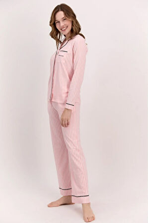 Kadın Ev Giyim Çizgi Detaylı Pamuklu Önden Düğmeli Pijama Takımı L1.PC.004.112.K15