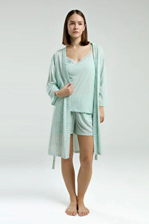 Kadın Giyim Askılı & Şort & Sabahlık 3 Parça Kutulu Lacivert & Ekru Pijama Takımı L1.PC.004.102.K12