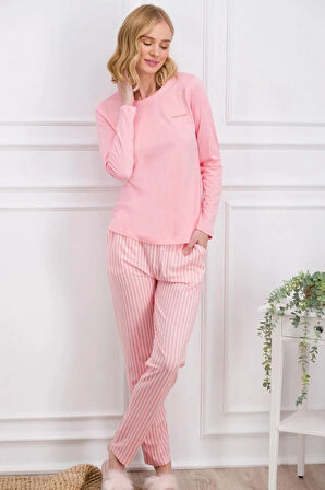 Kadın Ev Giyim Pembe Çizgili Alt & Üst İki Parça Pijama Takımı L1.PC.004.102.K19