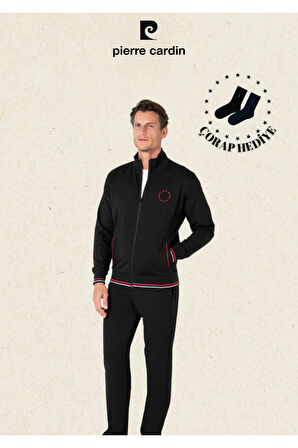 Erkek Regular Fit Fermuarlı Çizgi Detay Pamuklu & Likralı Eşofman Takımı (Hediye Çorap)