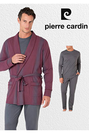 Erkek Giyim Kutulu 3 Parça %100 Pamuklu Robdöşambır & Uzun Kollu Pijama Takımı Set (Çorap Hediyeli)