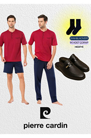 Erkek Giyim Bordo Penye 3'lü Kısa Kol Pijama Takımı & Deri Terlik Set L1.PC.5370.291